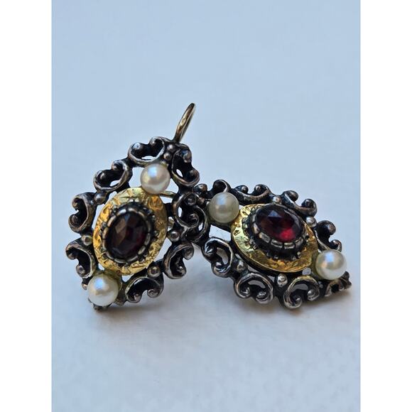 1900s German Red Pyrope Garnet, 585 GOLD, 800 Silver, Pearl Biedermeier Earrings - Picture 4 of 10